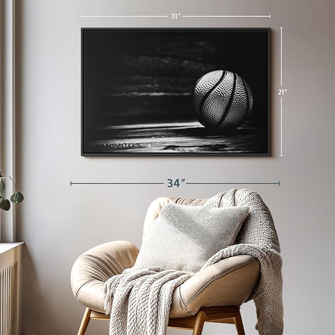 ElephantStock Basketball Wall Art - Horizontal Framed Canvas - 1-Piece Hallway Wall Decor - Photography sports Canvas Print - Black and Gray Decor for Wall - 31" X 21"-Ruum Studio Home