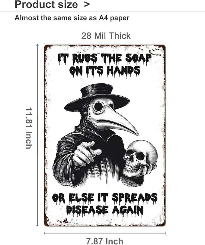 ALKB Halloween Bathroom Decor 8 x 12 Inch - Goth Plague Doctor Metal Tin Sign,Gothic Lovers Gifts,IT RUBS THE SOAP ON ITS HANDS-Ruum Studio Home
