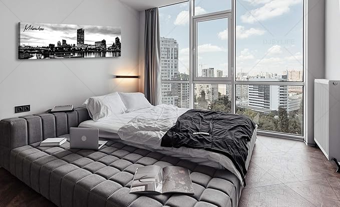 DJSYLIFE Milwaukee Skyline Wall Art Black and White Stretched Canvas Wall Art Prints for Bedroom or Office Decoration Ready to Hang 13.8" x 47.3"-Ruum Studio Home