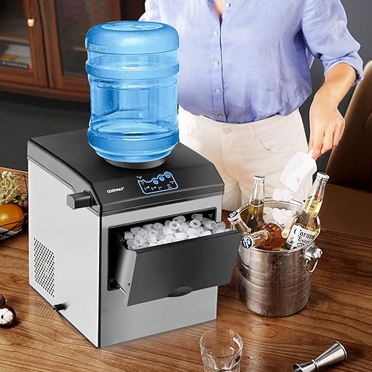 COSTWAY 2 in 1 Countertop Ice Maker Built-in Water Dispenser, 48LBS per Day, S/M/L Size Ice Cube, 5LBS Ice Storage Basket, Fast 6 Mins, Stainless Steel Ice Machine with Extendable Chilled Water Spout-Ruum Studio Home