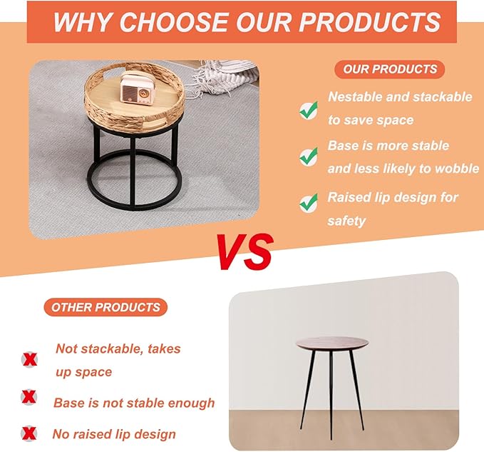 Nesting Coffee Table, Small Round Stacking Side Table with Metal Frame, Modern End Table for Living Room Bedroom Office Balcony (Rattan, 1)-Ruum Studio Home