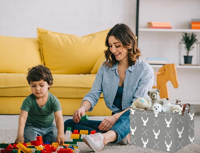 HIYAGON Baby Basket Cute Toy Bin for Boys and Girls Kids Storage Bin Organizer Box Gift Basket Empty Rectangular Deer Room Decor for Home(Grey deers)-Ruum Studio Home