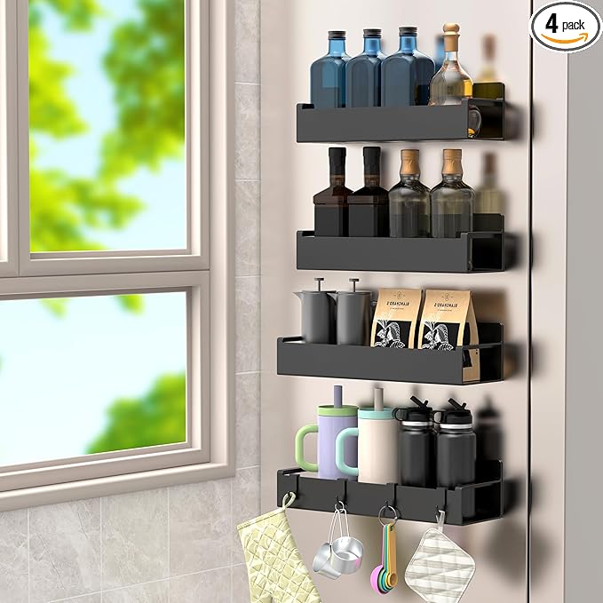 4 Pack Magnetic Spice Rack Organizer for Refrigerator and Oven, Matt Black Fridge Organizers and Storage for Kitchen-Ruum Studio Home