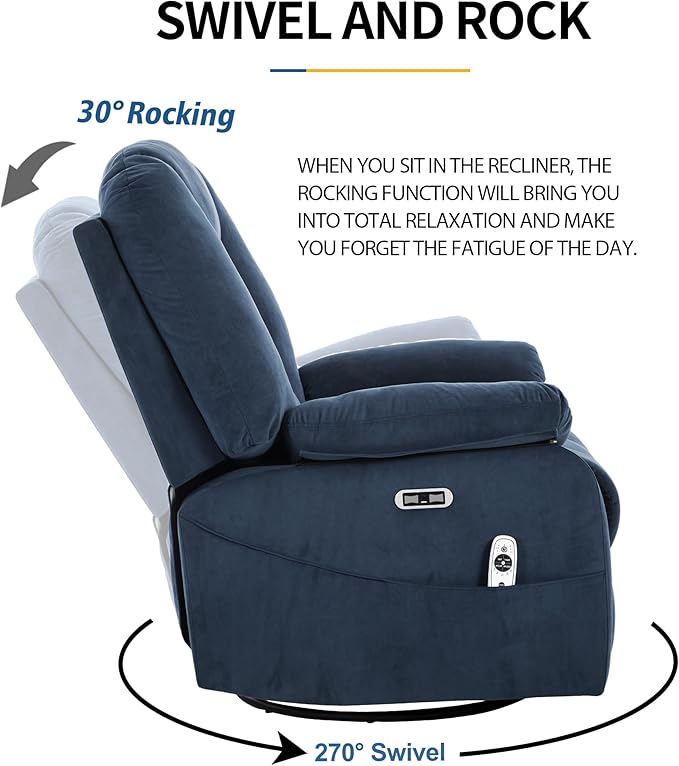 Power Swivel Rocker Recliner Chair for Adults,Rocking Recliners Chairs with Massage and Heat for Living Room, Electric Fabric Reclining Sofa Chair with USB and Type-C Port (Fabirc Blue)-Ruum Studio Home