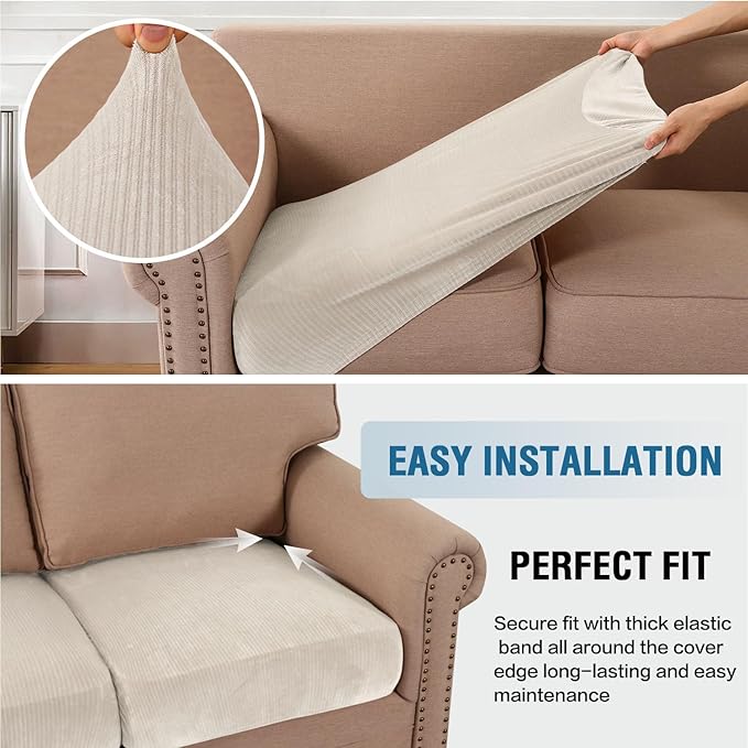 H.VERSAILTEX Velvet Stretch Couch Cushion Cover Plush Cushion Slipcover for Chair Loveseat Sofa Cushion Furniture Protector Seat Cushion Sofa Cover (2 Piece Large Sofa Cushion Covers, Ivory Striped)-Ruum Studio Home