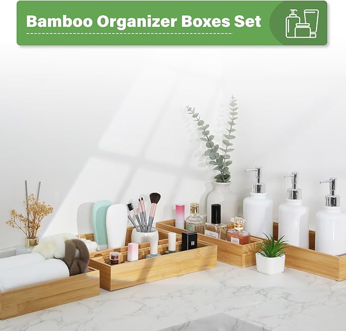 Bamboo Drawer Organizer, 2PCS Stackable Storage Boxes for Utensil Organizer, Wood Tray for kitchen, Bathroom and Bedroom 12" x 6" x 2"-Ruum Studio Home