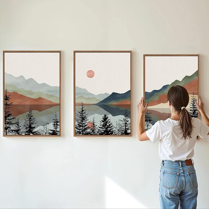 Tinonedraw Boho Mountain Framed Canvas Wall Art Set, Watercolor Nature Landscape Wall Decor, Black Pine Forest Artwork, Modern Sunrise Art Prints for Living Room, Bedroom, Office 16"x24"x3-Ruum Studio Home