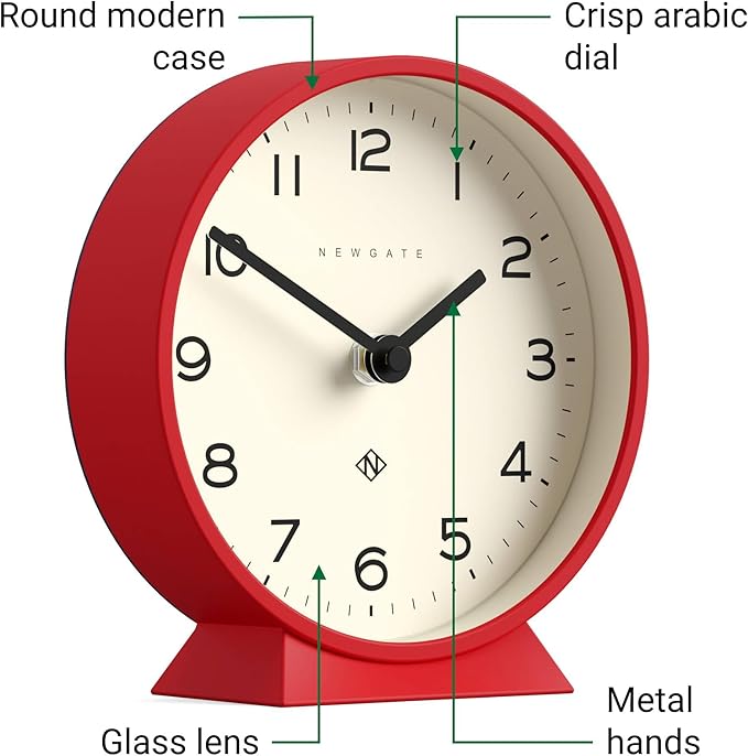 NEWGATE® M Mantel Echo Desk Clock | Modern Round Design | Red | Easy to Read Numbers | Contemporary Style for Desk, Table, Shelf or Bedside-Ruum Studio Home