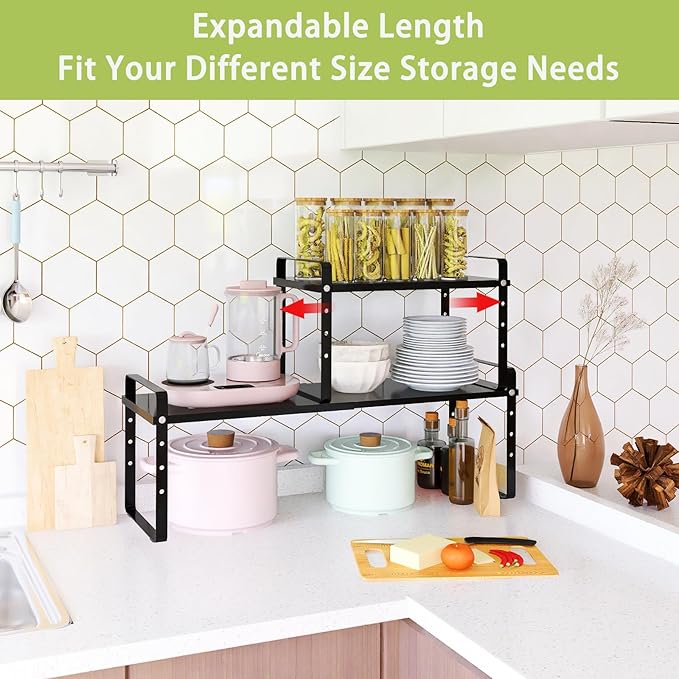 Expandable Cabinet Shelf Organizer Rack, Stackable Kitchen Counter Storage Shelves Stand, Adjustable Height Pantry Shelf Spice Rack (Black, 1 Pack)-Ruum Studio Home