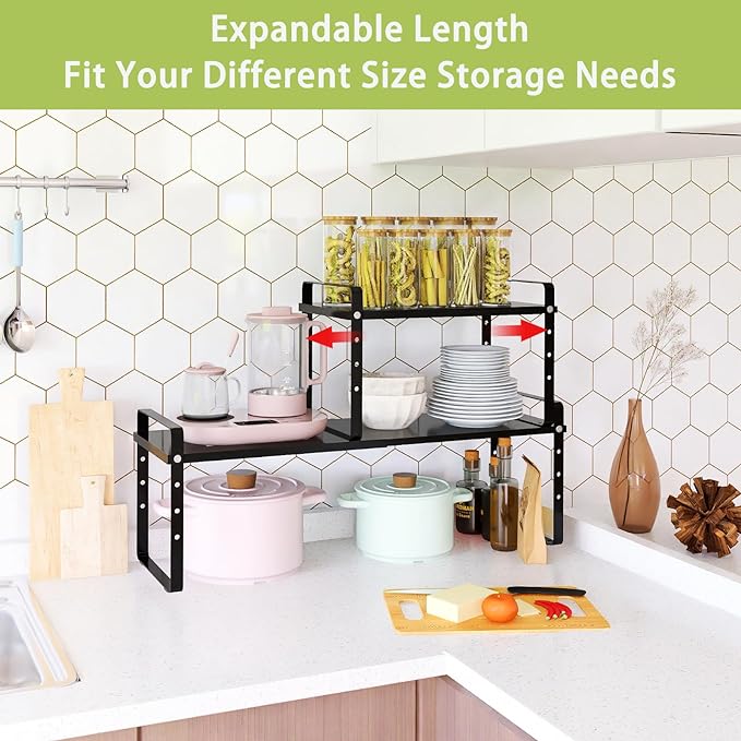 Expandable Cabinet Shelf Organizer Rack, Stackable Kitchen Counter Storage Shelves Stand, Adjustable Height Pantry Shelf Spice Rack (Black, 2 Pack)-Ruum Studio Home