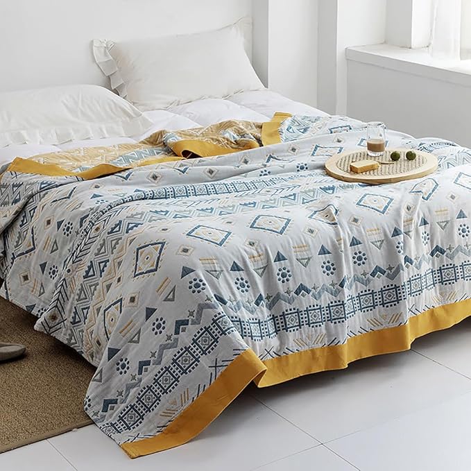 Boho Muslin Blanket for Adults 4-Layer Gauze 80 x 90 Inches Soft Cozy 100% Cotton Cooling Blanket Geometric Farmhouse Decor for Sofa Bed Coverlet Both Sides (Boho-G-Yellow, 80 x 90 in)-Ruum Studio Home