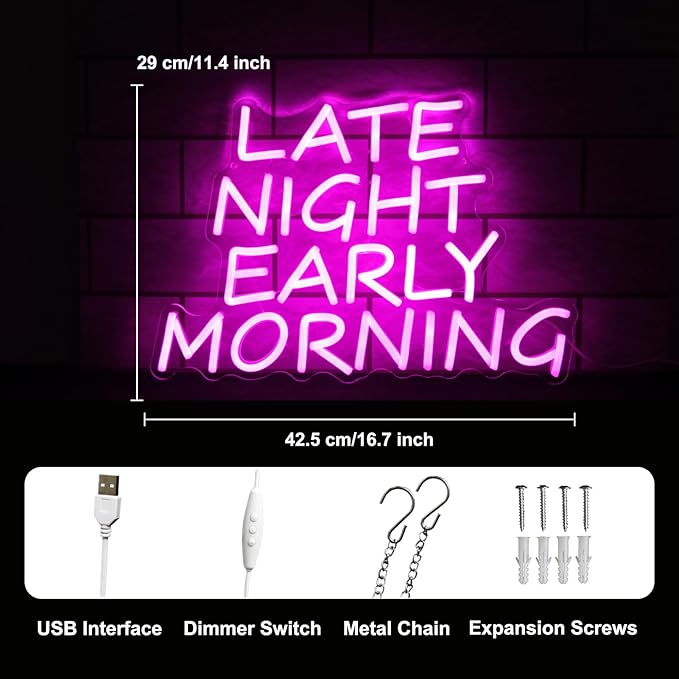 Bar Neon Sign Late Night Early Morning Neon Signs for Wall Decor Beer LED Neon Sign Pink Letter Neon Light Sign Dimmable Neon Lights for Bedroom Bar Party Hotel Club Party Man Cave Decor-Ruum Studio Home