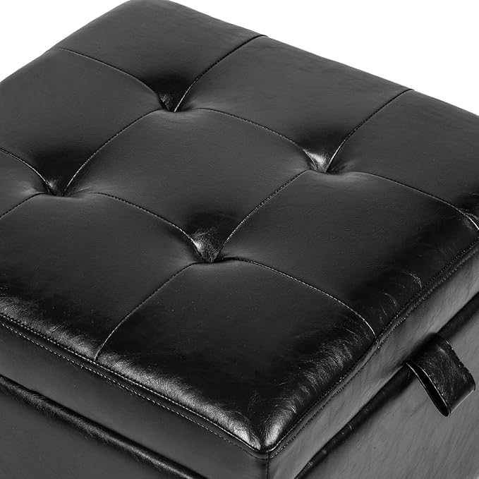 Adeco Storage Ottoman Foot Rest Stool, Leather Ottoman Footstool with Solid Wood Legs and Hinged Lid, 17.7" Small Foot Stool for Living Room, Bedroom-Ruum Studio Home
