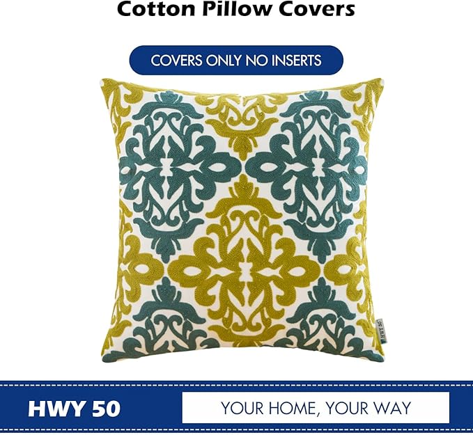 HWY 50 Decorative Throw Pillow Covers 18x18 Inch (1 Piece), Embroidered Cotton Farmhouse Cushion Cover Pillow Case for Sofa Couch Living Room Bed Bedroon, Blue and Green Floral Geometric-Ruum Studio Home
