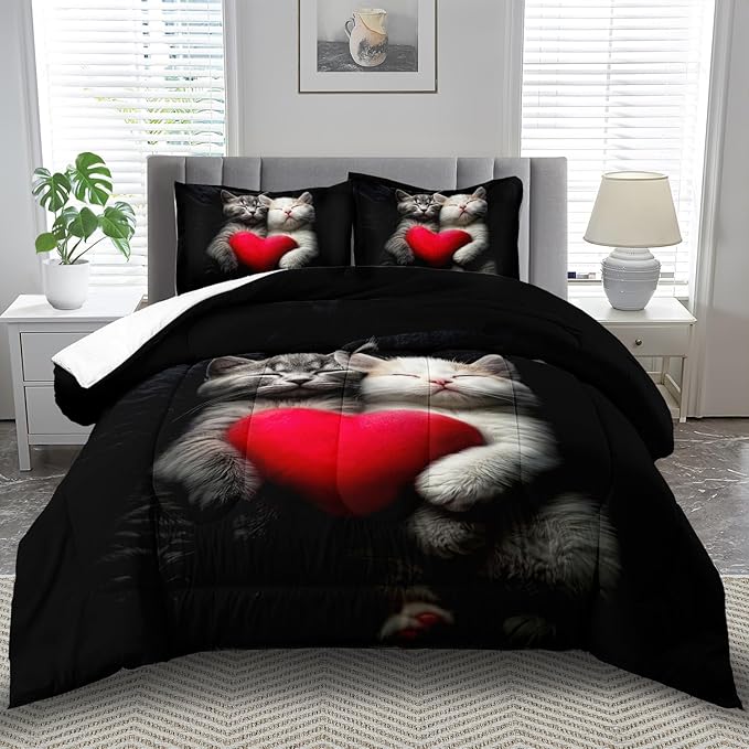 Cute Cat Comforter Set Twin,Kawaii Cat Bedding Set for Girls,Cute Animal Comforter Red Love Heart Bedding Decor,Kawaii Farm Animal Quilt Patterns Kids and Adults-Ruum Studio Home