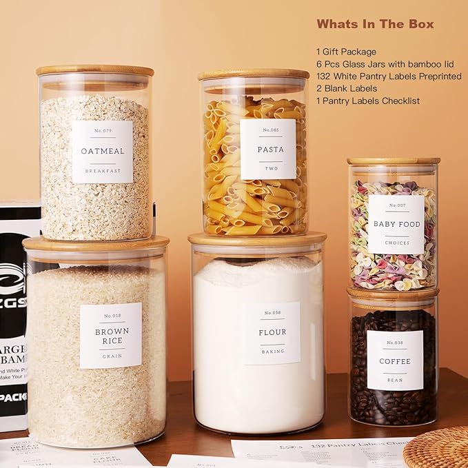 Set of 6 Glass Flour and Sugar jars with 132 Kitchen Pantry Labels - Thicken Large Glass Storage containers with Airtight Bamboo Lid - Glass Rice Canisters for Salt Coffee(100OZ/54OZ/27OZ)-Ruum Studio Home