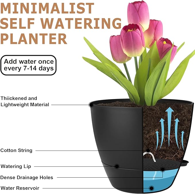 Plant Pots 10/9/8/7.5/7 Inch Self Watering Pots, Set of 5 Plastic Planters with Drainage Holes and Saucers,Plastic Flower Pots,Nursery Planting Pot for Indoor Out Door Plants(All Black)-Ruum Studio Home