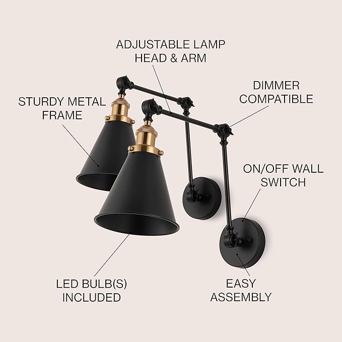 JONATHAN Y JYL7462A-SET2 Rover 7" Farmhouse Industrial Adjustable Arm Metal LED Wall Sconce Rustic Bohemian 2700K 4W Bulb for Entryway Lobby Kitchen Bathroom Bedroom Hallway, Black (Set of 2)-Ruum Studio Home