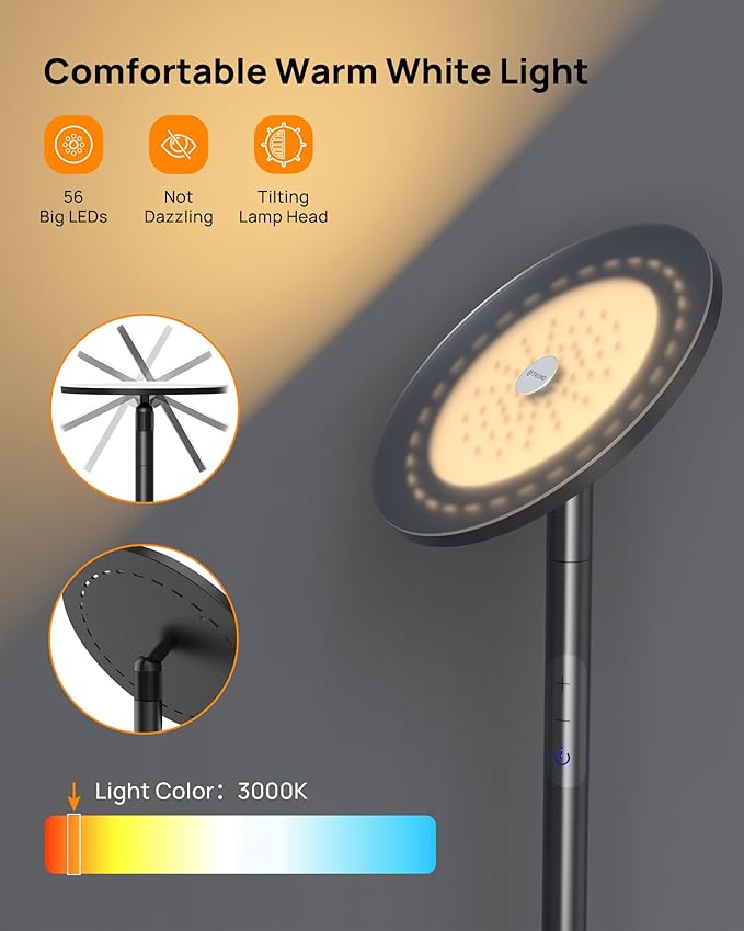 TROND Floor Lamp, 5000LM Super Bright Sky LED Modern Torchiere Standing Lamp, 3000K Warm White Light, 5-Level Dimmable, Modular 71 in Tall Pole Light, 30-Minute Timer for Living Room, Bed Room-Ruum Studio Home