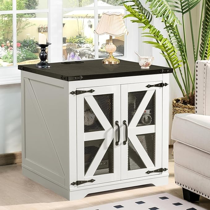 Farmhouse End Table, 24" Large Sofa Side Table with Charging Station, Mesh Barn Door, White Nightstand with Adjustable Storage Shelf, Square Nightstand for Living Room, Bedroom, Office-Ruum Studio Home