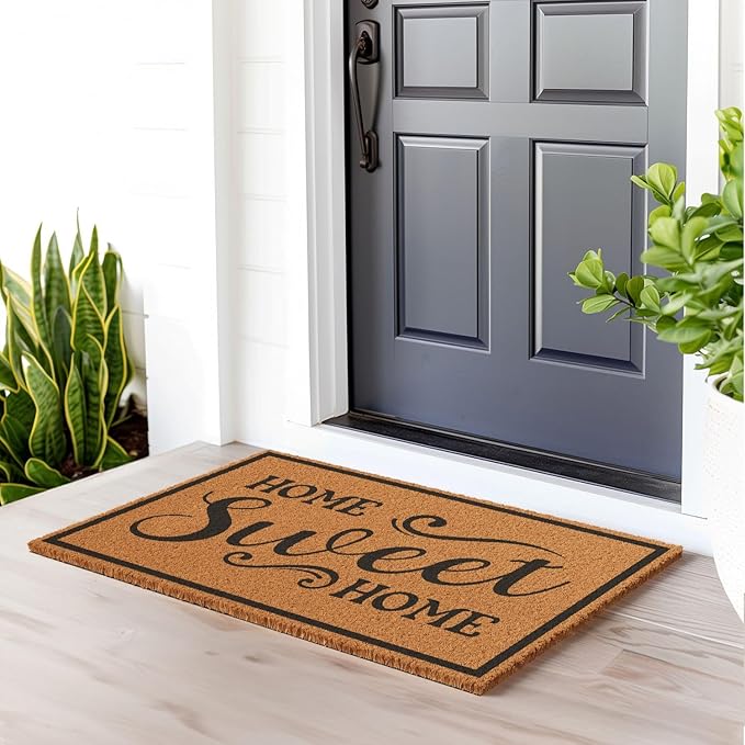 Barnyard Designs Natural Coco Coir Heavy Duty Backing Doormat - Large Cute Non-Slip Front Door Welcome Mat for Outside Entrance or Porch Entry, Brown (24x36, Home Sweet Home)-Ruum Studio Home