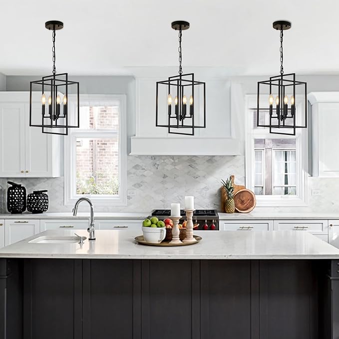 4-Light Vintage Black Chandelier, Foyer Lighting Fixtures Farmhouse Chandeliers for Dining Room, Modern Industrial Lantern Pendant Light for Kitchen Island Entryway Stairway-Ruum Studio Home