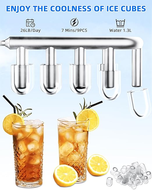 Ice Maker Machine Countertop 26lbs/24H, Portable Quiet Ice Makers Cubes in 9PCS/7Min, Self Cleaning, Ice Maker with Scoop for Kitchen, Home, Party-Ruum Studio Home