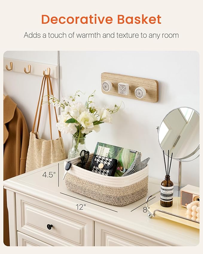 KALLAX Small Woven Basket, 12 x 8 x 4.5 Inches, Storage Basket for Organizing, Cute Small Rope Shelf Closet Cube Storage Bins Baskets for Shelves, Dog Toy Gift Baskets Empty, 3 Pack Gradient Brown-Ruum Studio Home