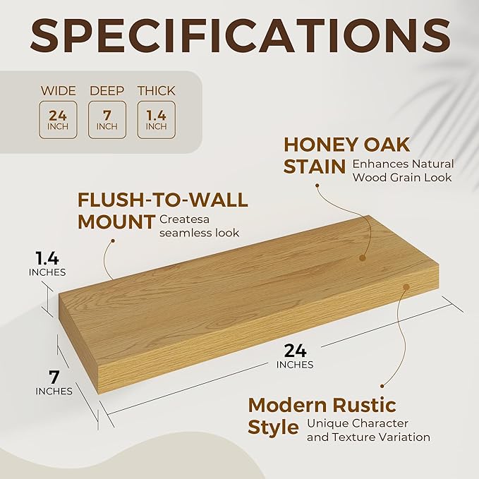24 inch Floating Shelves Long Floating Shelves for Wall Large Wall Mounted Shelves with Invisible Brackets, Oak Shelves for Bathroom, Living Room, Kitchen, Office, 24x6.7 inch deep Set of 2-Ruum Studio Home