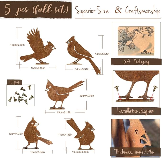 5PCS Rusty Birds Decoration, Garden Decor Spring Decorations Outdoor, Metal Birds Yard Decor Perfect Yard Art and Large Outdoor Ornaments, Cardinal Gifts，Metal Bird Silhouette Statues-Ruum Studio Home