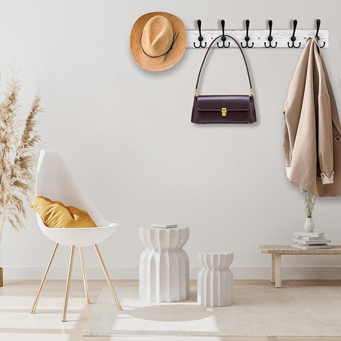 32.2'' Large Coat Rack Wall Mount Coat Hooks with 8 Metal Black Triple-Hooks Old White Pine Real Wood Plank Hat Rack for Wall Hooks-Ruum Studio Home