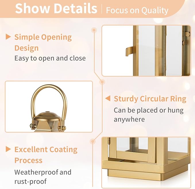 NUPTIO Gold Lanterns Decorative Indoor: 8.6 Inch Tall Metal Lantern with Glass for Pillar Candle - Fireplace Decor for Christmas Home Living Room Mantle Porch Wedding-Ruum Studio Home