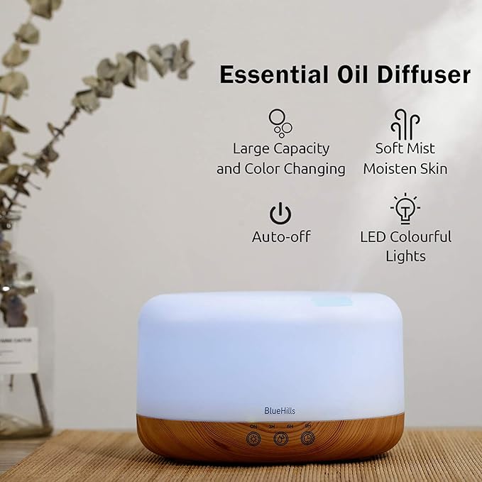 BlueHills Premium 1000 ML XL Essential Oil Diffuser Aromatherapy Humidifier with Remote Timer for Large Room Home 18 Hour Run Huge Coverage Area 1 Liter Mood Light Extra Large Capacity Wood Grain D004-Ruum Studio Home