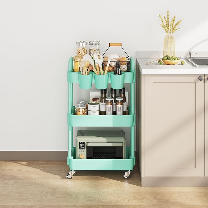 UDEAR 3-Tier Rolling Utility Cart,Multifunctional Storage Shelves with Handle and Lockable Wheels for Room,Office,Kitchen,Bathroom,with 3 Hanging Cups,Green-Ruum Studio Home