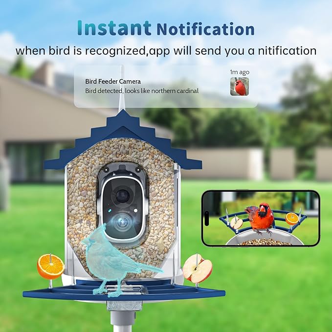 Smart Bird Feeder with Camera Solar Powered & AI Bi rd Identification, 2.4Ghz WiFi Bird feeders for Outdoors, 2K Live Video, Nstant Arrival Alerts - Best Gifts for Bi rd Lovers（Indigo Blue）-Ruum Studio Home