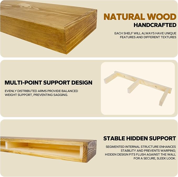 Floating Shelves 3 inch Thick for Wall Set of 2,Solid Pine Wood Wall Mount Shelf for Kitchen Living Room Bedroom Bathroom,8" D x 24" L x 3" H-Gold Oak-Ruum Studio Home