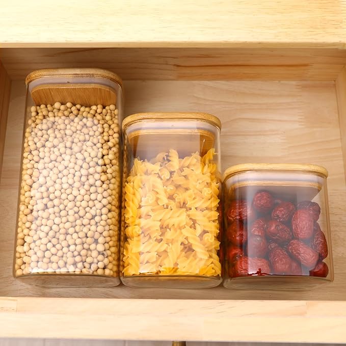 Glass Food Storage Jars with Lids(24oz/37oz/50oz)Square Set of 6 ,Glass Storage Containers Clear Glass Food Canister with Bamboo Lid Airtight For Serving Tea, Coffee Beans, Candy,Spice and More-Ruum Studio Home