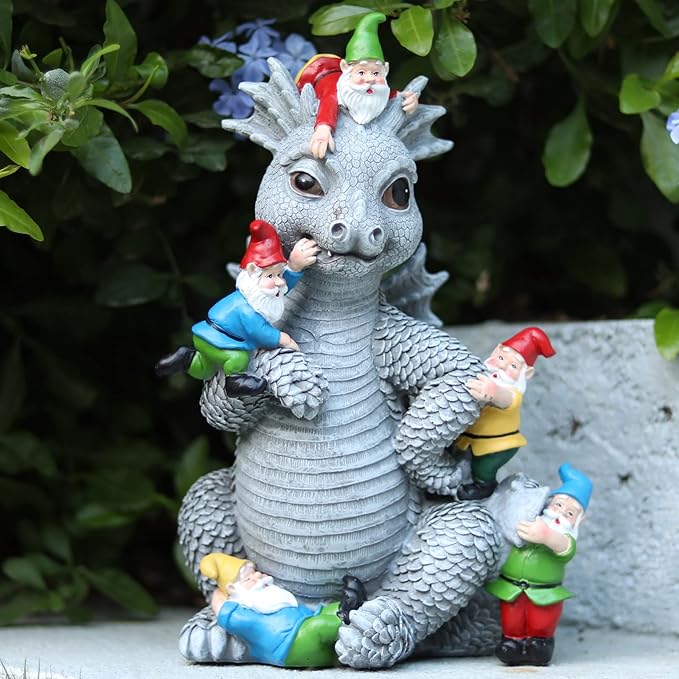 Dragon Gnome Statues Outdoor Decor, 13” Dinosaur Play with Gnomes Garden Statue, Outdoor Statue for All Season Lawn Decor, Garden Decoration, Gardening Gift-Ruum Studio Home