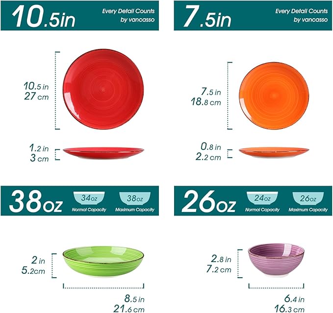 vancasso Bonita Dinnerware Sets, 24 Pieces Multicolor Stoneware Dinner Set for 6, Handpainted Spirals Pattern Ceramic Plates and Bowls Sets Kitchen Plate Set-Ruum Studio Home