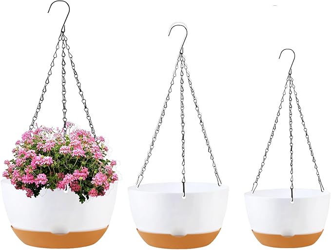 8/10/12 inch Hanging Planters for Indoor Outdoor Plants with Self-Watering Pots, 3 Pack Plastic Hanging Basket with Removable Tray for Home Garden Porch Balcony Patio Decor(White)-Ruum Studio Home