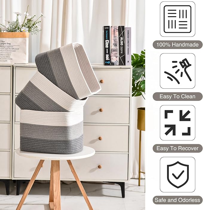 Storage Baskets for Organizing Shelves, Woven Cotton Rope Baskets for Storage Books Towels Toys, Organizing Baskets, Toy Basket for Nursery Bathroom, 15"x11"x9.5", 3 Packs, Gradient Grey-Ruum Studio Home