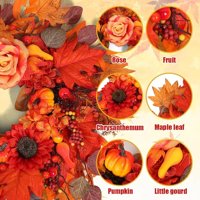 24" Fall Wreath for Front Door Outside - Sunflower, Pumpkin, Berry & Maple Leaves | Weatherproof Autumn Outdoor Wreaths with Hanger Hook for Thanksgiving, Harvest-Ruum Studio Home