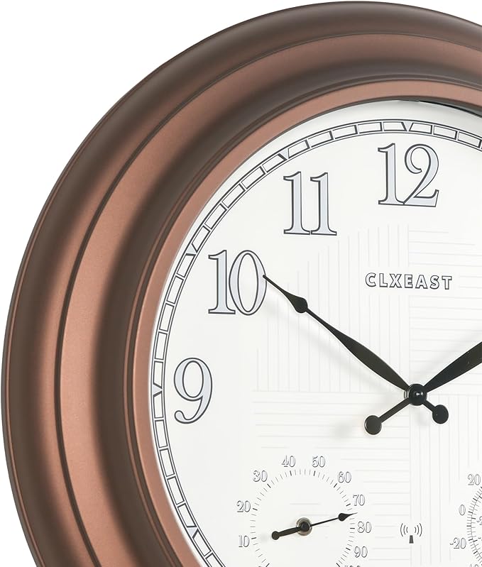 CLXEAST 24 Inch Illuminated in/Outdoor Lighted Atomic Analog Wall Clock with Thermometer & Hygrometer, Oversized Large Waterproof Wall Clocks for Living Room Decor,Bronze Finish-Ruum Studio Home