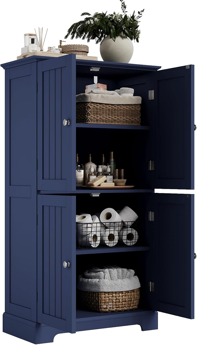 ChooChoo Bathroom Floor Cabinet, Modern Bathroom Storage Cabinet with 4 Doors and Adjustable Shelves, Freestanding Cupboard for Living Room, Navy Blue-Ruum Studio Home