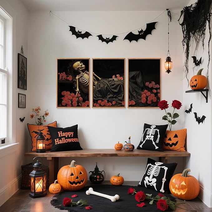 Aurlan Gothic Skeleton Roses Framed Wall Art(16"x24"), 3PCS Romantic Halloween Skull Flowers Canvas Artwork, Dark Moody Goth Mystical Creepy Decor for Home Office Bedroom-Ruum Studio Home