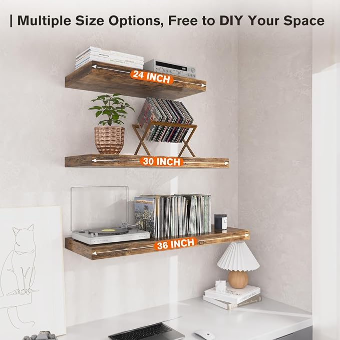 Floating Shelf, Set of 2 Wall Shelf, 36 in W x 12.75 in D x 2 in H Wooden Floating Wall Shelf with Invisible Brackets for Living Room/Bedroom/Bathroom/Kitchen Storage and Decor, Rustic Brown-Ruum Studio Home