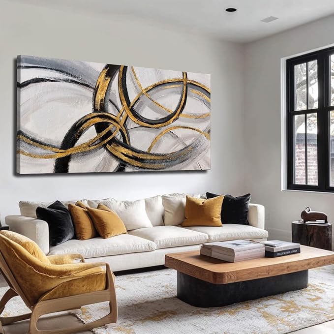 SOUGUAN Living Room Decor for Wall Abstract Wall Art 30x60in Black and Gold Wall Art Round Ring Wall Decoration for Bedroom Dining Room Home Office Ready to Hang-Ruum Studio Home