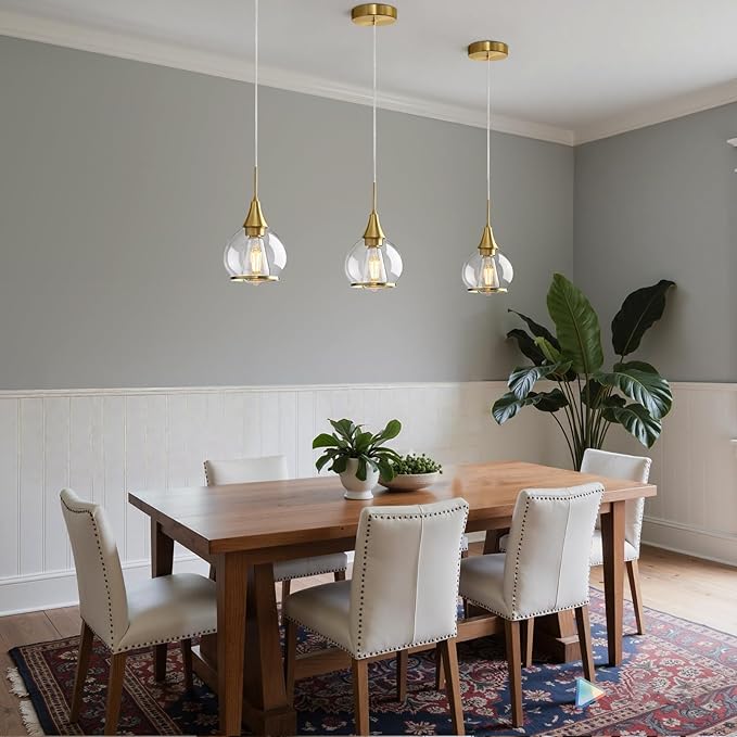 Pendant Light Fixtures Kitchen: Brushed Gold Farmhouse Island Light with Clear Glass - 6 Inch Mid Century Globe Kitchen Lighting Chandeliers Ceiling for Dining Room-Ruum Studio Home