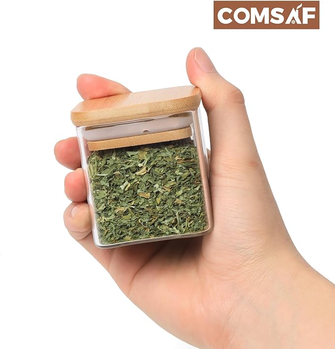 ComSaf 12Pcs Glass Spice Jars with Bamboo Lid, 4oz Airtight Square Spice Containers with 275 Black Lables, Empty Seasoning Jars for Spice Salt Sugar-Ruum Studio Home
