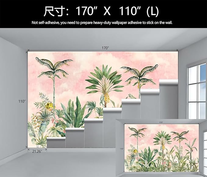 Watercolor Pink Tropical Botanical Leaf Wallpaper Mural for Nursery Girls Bedroom (Not Peel and Stick)-Ruum Studio Home